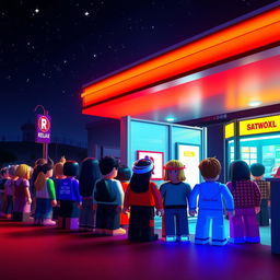 A nighttime scene set in a Roblox world at a gas station, featuring a lively queue of various Roblox avatars waiting outside a restroom entrance