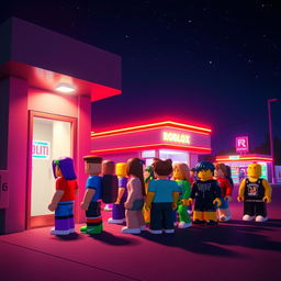 A nighttime scene set in a Roblox world at a gas station, featuring a lively queue of various Roblox avatars waiting outside a restroom entrance