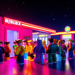 A nighttime scene set in a Roblox world at a gas station, featuring a lively queue of various Roblox avatars waiting outside a restroom entrance