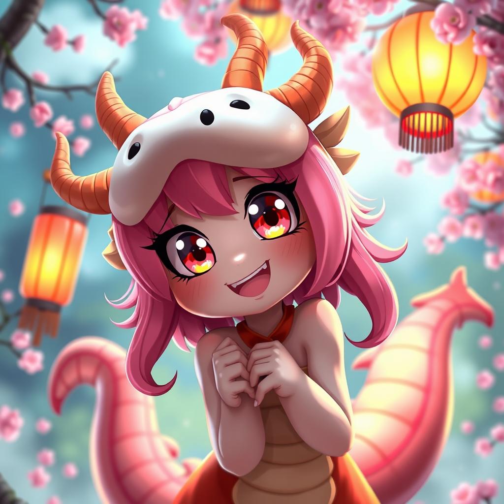 Ilulu from "Miss Kobayashi's Dragon Maid", depicted in a vibrant fantasy setting, showcasing her dragon features with large, expressive eyes, pink hair, and dragon horns