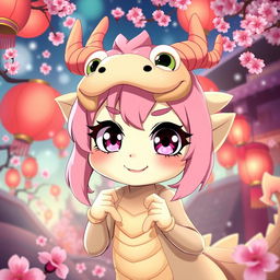 Ilulu from "Miss Kobayashi's Dragon Maid", depicted in a vibrant fantasy setting, showcasing her dragon features with large, expressive eyes, pink hair, and dragon horns