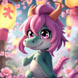 Ilulu from "Miss Kobayashi's Dragon Maid", depicted in a vibrant fantasy setting, showcasing her dragon features with large, expressive eyes, pink hair, and dragon horns