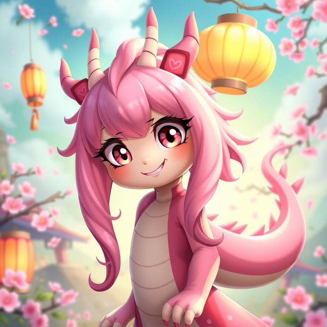 Ilulu from "Miss Kobayashi's Dragon Maid", depicted in a vibrant fantasy setting, showcasing her dragon features with large, expressive eyes, pink hair, and dragon horns