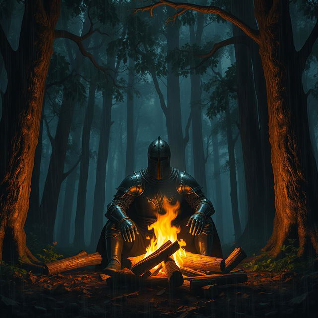 A dark medieval knight sitting in front of a campfire in the middle of a dense forest