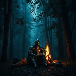 A dark medieval knight sitting in front of a campfire in the middle of a dense forest