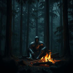 A dark medieval knight sitting in front of a campfire in the middle of a dense forest