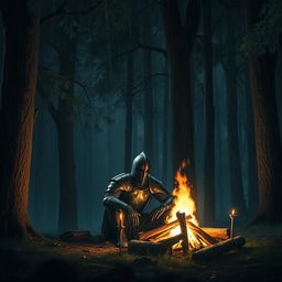 A dark medieval knight sitting in front of a campfire in the middle of a dense forest