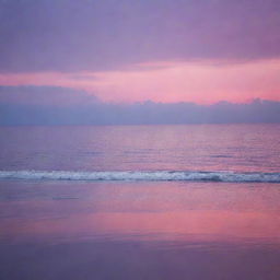 A serene sunset over a calm ocean, with vibrant hues of purple and pink reflected on the water's surface