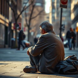 A homeless man sitting on the ground with a gentle, supportive hand on his back, lifting him up, conveying a sense of hope and compassion