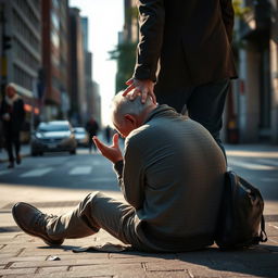 A homeless man sitting on the ground with a gentle, supportive hand on his back, lifting him up, conveying a sense of hope and compassion