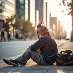 A homeless man sitting on the ground with a gentle, supportive hand on his back, lifting him up, conveying a sense of hope and compassion