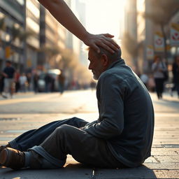 A homeless man sitting on the ground with a gentle, supportive hand on his back, lifting him up, conveying a sense of hope and compassion