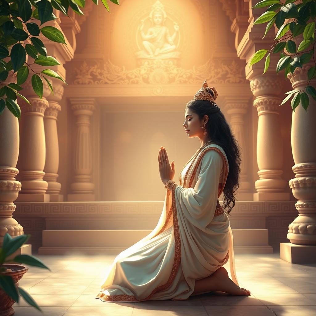 A serene and spiritual scene depicting Kunti, the revered queen from Indian mythology, engaged in deep prayer to the gods