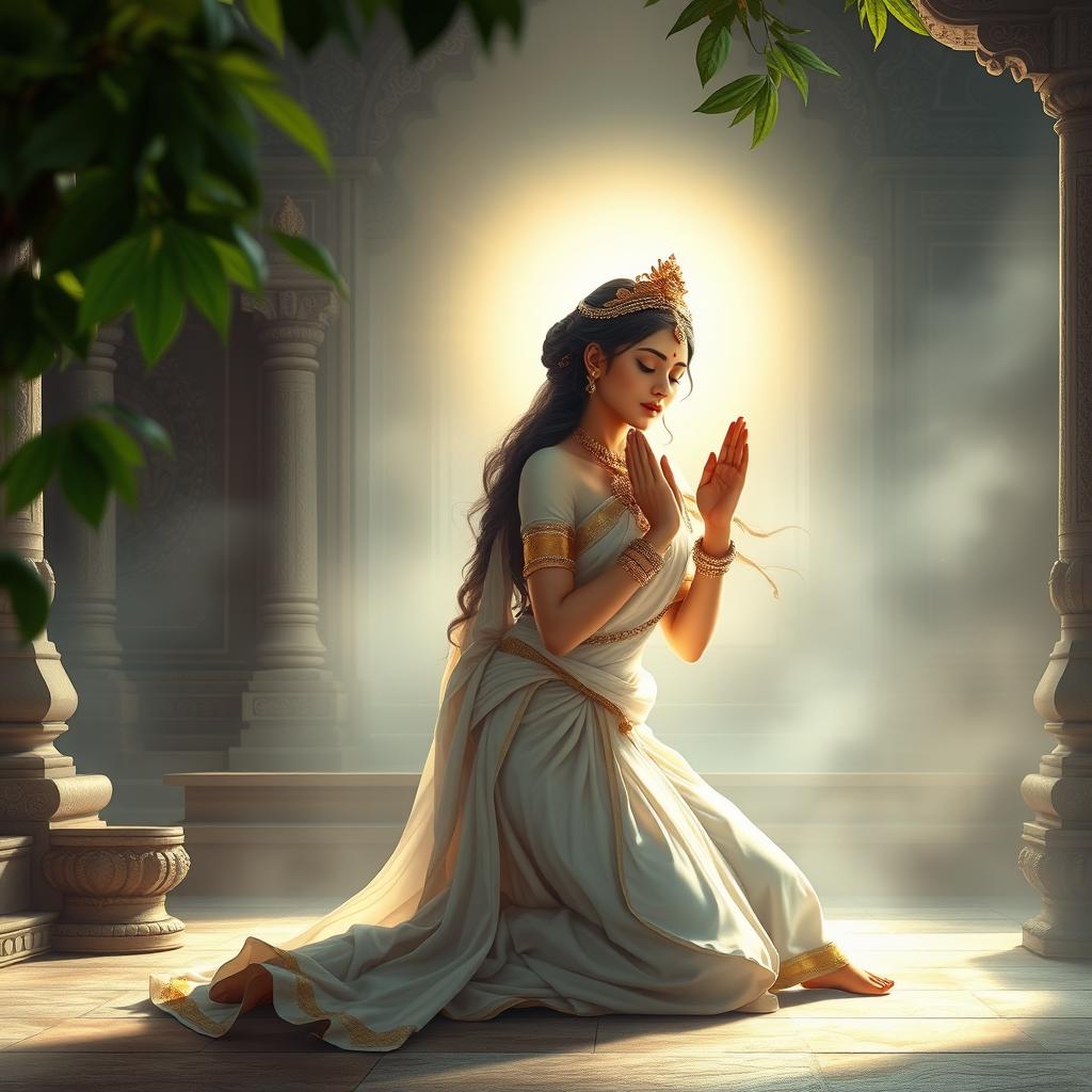 A serene and spiritual scene depicting Kunti, the revered queen from Indian mythology, engaged in deep prayer to the gods