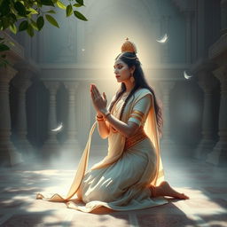 A serene and spiritual scene depicting Kunti, the revered queen from Indian mythology, engaged in deep prayer to the gods