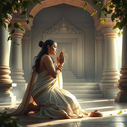 A serene and spiritual scene depicting Kunti, the revered queen from Indian mythology, engaged in deep prayer to the gods