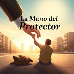 Book cover illustration titled 'La Mano del Protector' featuring a homeless man sitting on the ground with a gentle, supportive hand on his back, lifting him up