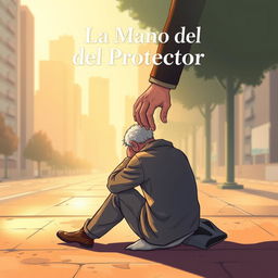 Book cover illustration titled 'La Mano del Protector' featuring a homeless man sitting on the ground with a gentle, supportive hand on his back, lifting him up