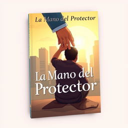 Book cover illustration titled 'La Mano del Protector' featuring a homeless man sitting on the ground with a gentle, supportive hand on his back, lifting him up