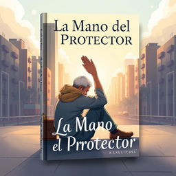 Book cover illustration titled 'La Mano del Protector' featuring a homeless man sitting on the ground with a gentle, supportive hand on his back, lifting him up