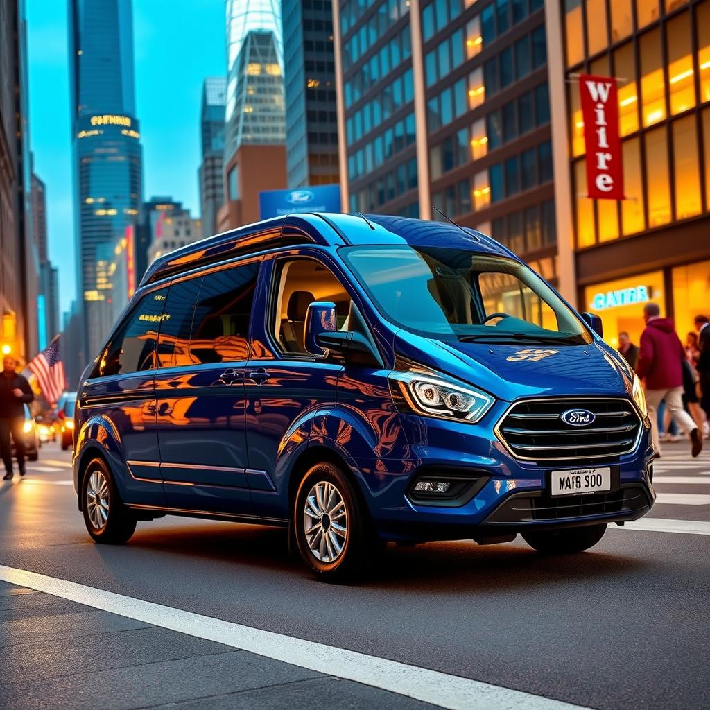 A vibrant image of a 2022 Ford Tourneo Custom in an urban setting