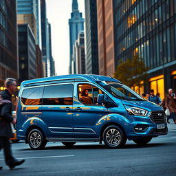 A vibrant image of a 2022 Ford Tourneo Custom in an urban setting