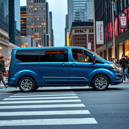 A vibrant image of a 2022 Ford Tourneo Custom in an urban setting