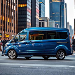 A vibrant image of a 2022 Ford Tourneo Custom in an urban setting