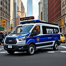 A Ford Tourneo Custom 2022 model in classic NYPD police livery, featuring the iconic blue and white color scheme with NYPD badges and decals prominently visible