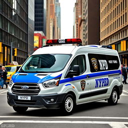 A Ford Tourneo Custom 2022 model in classic NYPD police livery, featuring the iconic blue and white color scheme with NYPD badges and decals prominently visible