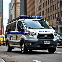 A Ford Tourneo Custom 2022 model in classic NYPD police livery, featuring the iconic blue and white color scheme with NYPD badges and decals prominently visible