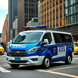 A Ford Tourneo Custom 2022 model in classic NYPD police livery, featuring the iconic blue and white color scheme with NYPD badges and decals prominently visible