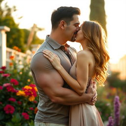 A large and strong man gently kissing a delicate woman in a beautiful garden setting