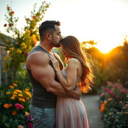 A large and strong man gently kissing a delicate woman in a beautiful garden setting