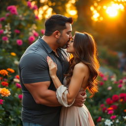 A large and strong man gently kissing a delicate woman in a beautiful garden setting