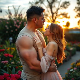 A large and strong man gently kissing a delicate woman in a beautiful garden setting