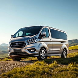 A 2020 Ford Tourneo Custom, depicted in a stunning landscape setting