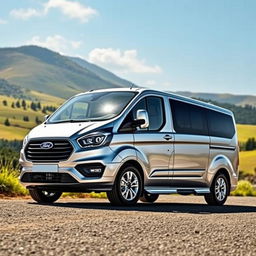 A 2020 Ford Tourneo Custom, depicted in a stunning landscape setting