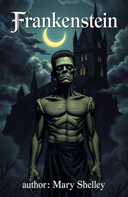 Frankenstein's Monster standing in the foreground, with a towering and darkly enchanting gothic castle in the background, illuminated by a crescent moon