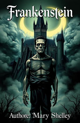 Frankenstein's Monster standing in the foreground, with a towering and darkly enchanting gothic castle in the background, illuminated by a crescent moon