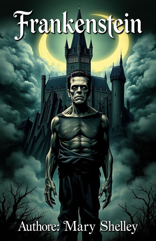 Frankenstein's Monster standing in the foreground, with a towering and darkly enchanting gothic castle in the background, illuminated by a crescent moon