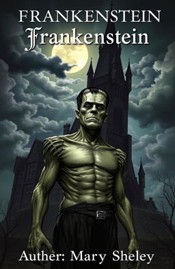 Frankenstein's Monster standing in the foreground, with a towering and darkly enchanting gothic castle in the background, illuminated by a crescent moon