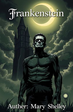 Frankenstein's Monster standing in the foreground, with a towering and darkly enchanting gothic castle in the background, illuminated by a crescent moon