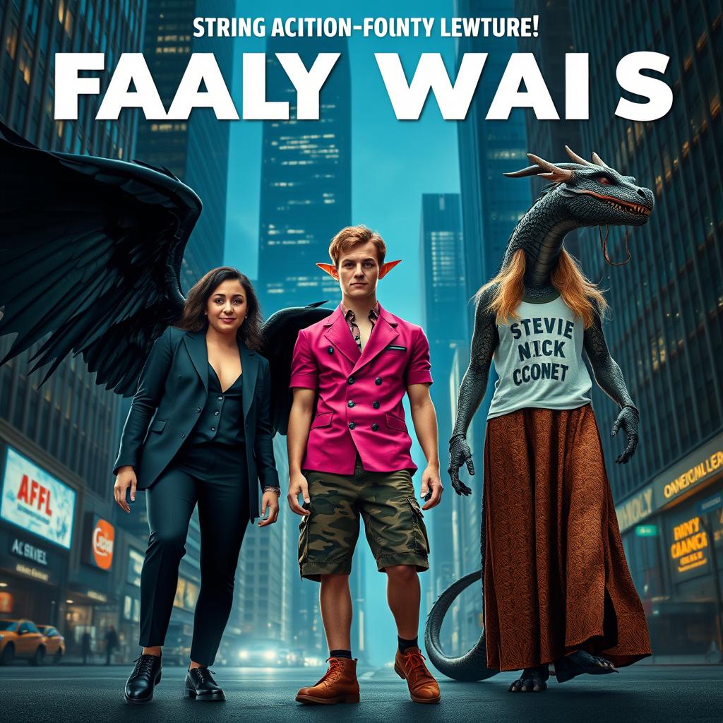 A fantasy action comedy movie poster featuring Florence Pugh as an angel with majestic black wings, wearing a sleek dark men's business suit