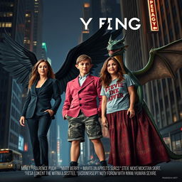 A fantasy action comedy movie poster featuring Florence Pugh as an angel with majestic black wings, wearing a sleek dark men's business suit