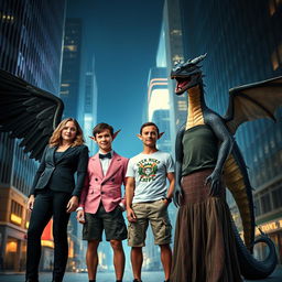 A fantasy action comedy movie poster featuring Florence Pugh as an angel with majestic black wings, wearing a sleek dark men's business suit