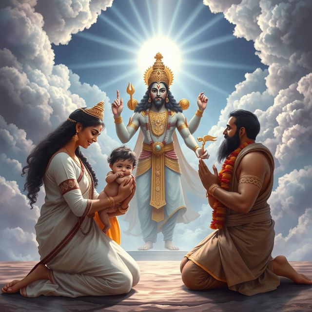 A divine and familial scene illustrating Kunti and Pandu kneeling with reverence before the majestic god Indra