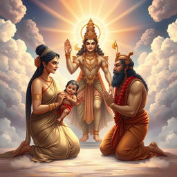 A divine and familial scene illustrating Kunti and Pandu kneeling with reverence before the majestic god Indra