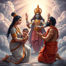 A divine and familial scene illustrating Kunti and Pandu kneeling with reverence before the majestic god Indra