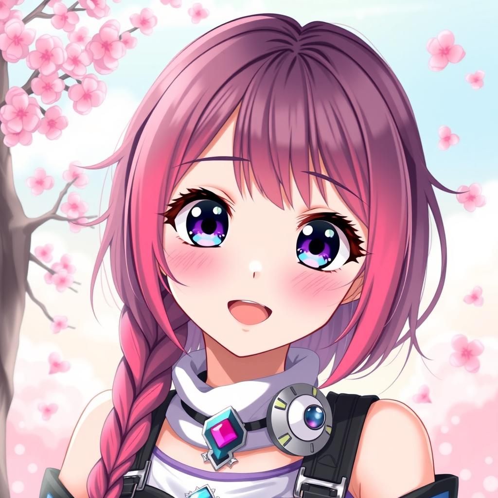 Anime-style portrait of a beautiful girl with large, expressive eyes, vibrant colored hair, showcasing a playful and lively expression